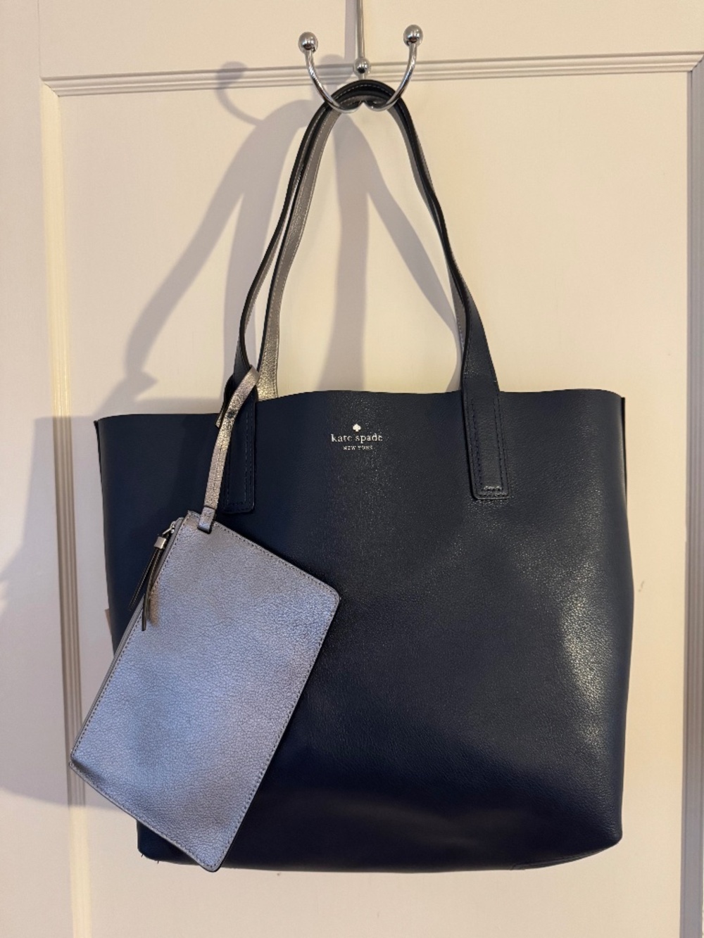 Kate Spade Reversible Navy Silver Leather Tote with Pouch